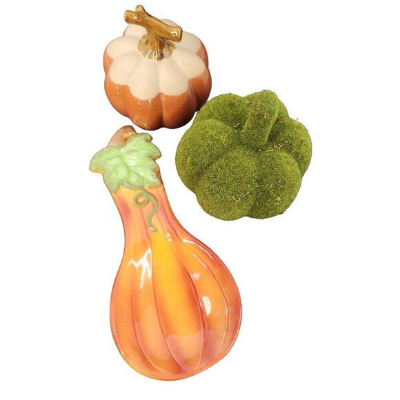 Autumn Harvest Ceramic Spoon Rest Moss Pumpkin & Orange Ceramic Pumpkin Kitchen - Picture 2 of 6